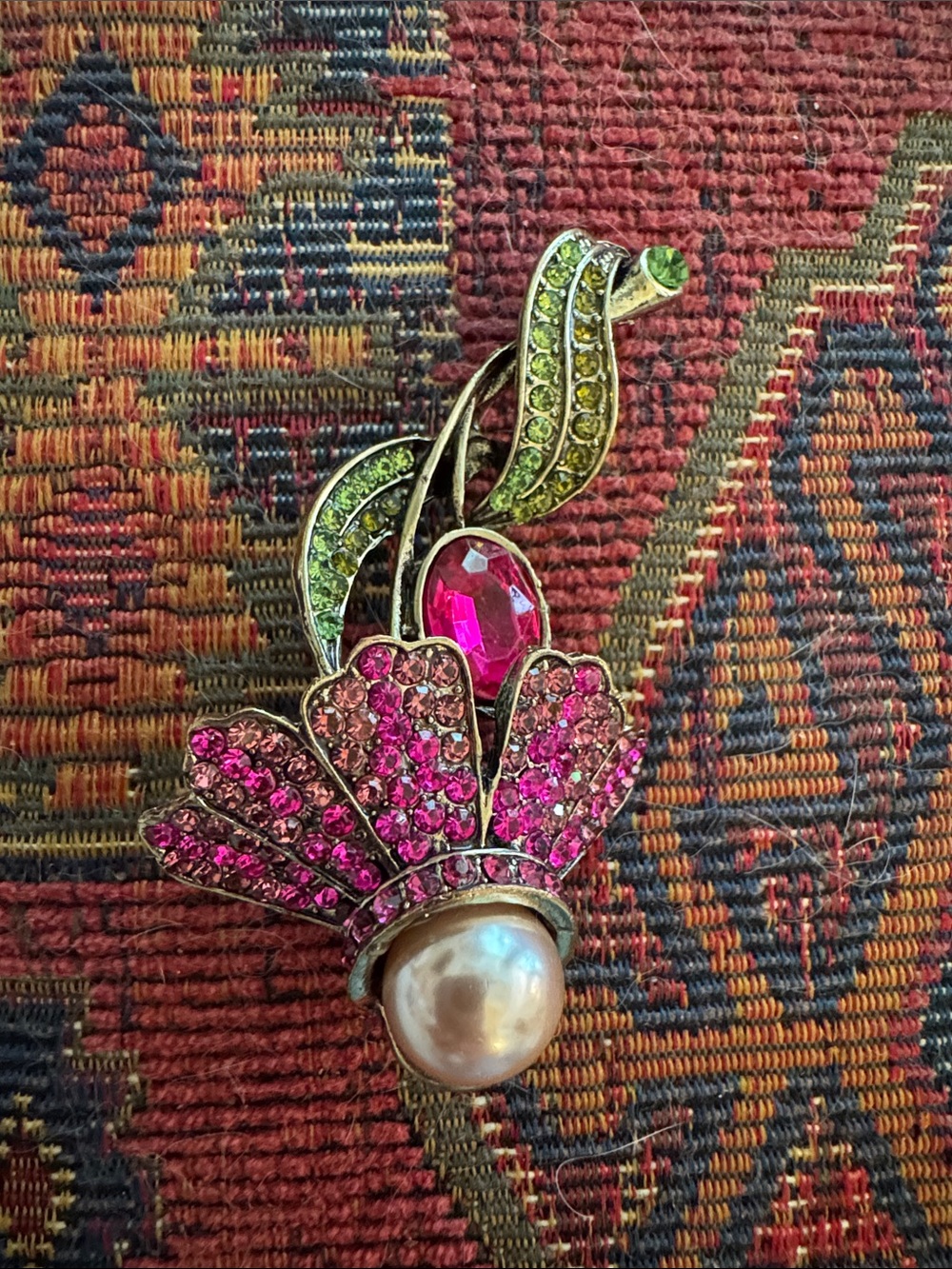 NWOT Pink and Green Crystal Floral Brooch with Pearl Accent
